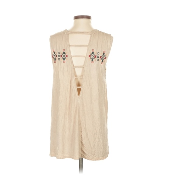 Beige Sleeveless Tank Tribal Embroidered Cut-out Design POL Sm - Picture 2 of 5
